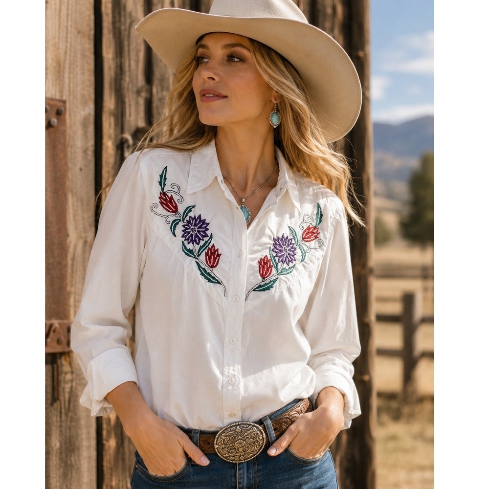 Side Saddle Embroidered Western Floral Pearl Snap Button Front Shirt White Large